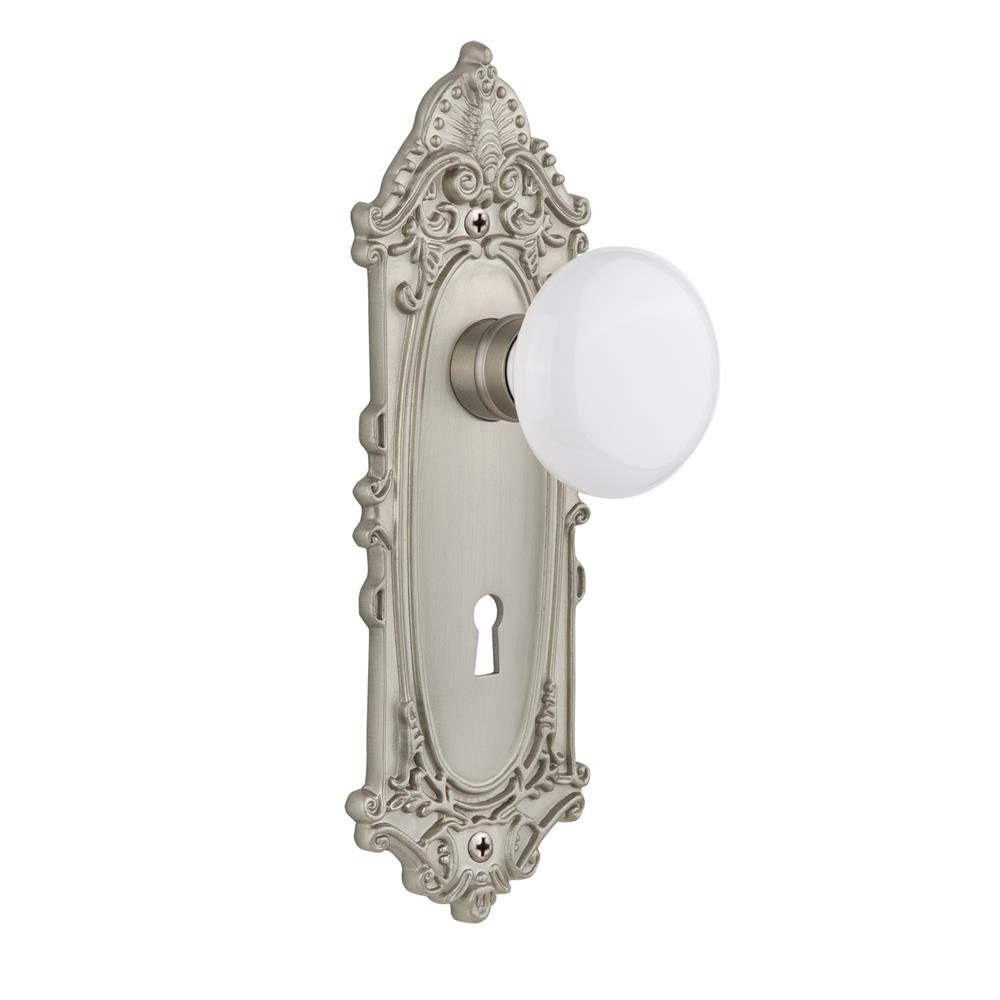 Nostalgic Warehouse VICWHI Privacy Knob Victorian Plate with White Porcelain Knob and Keyhole in Satin Nickel